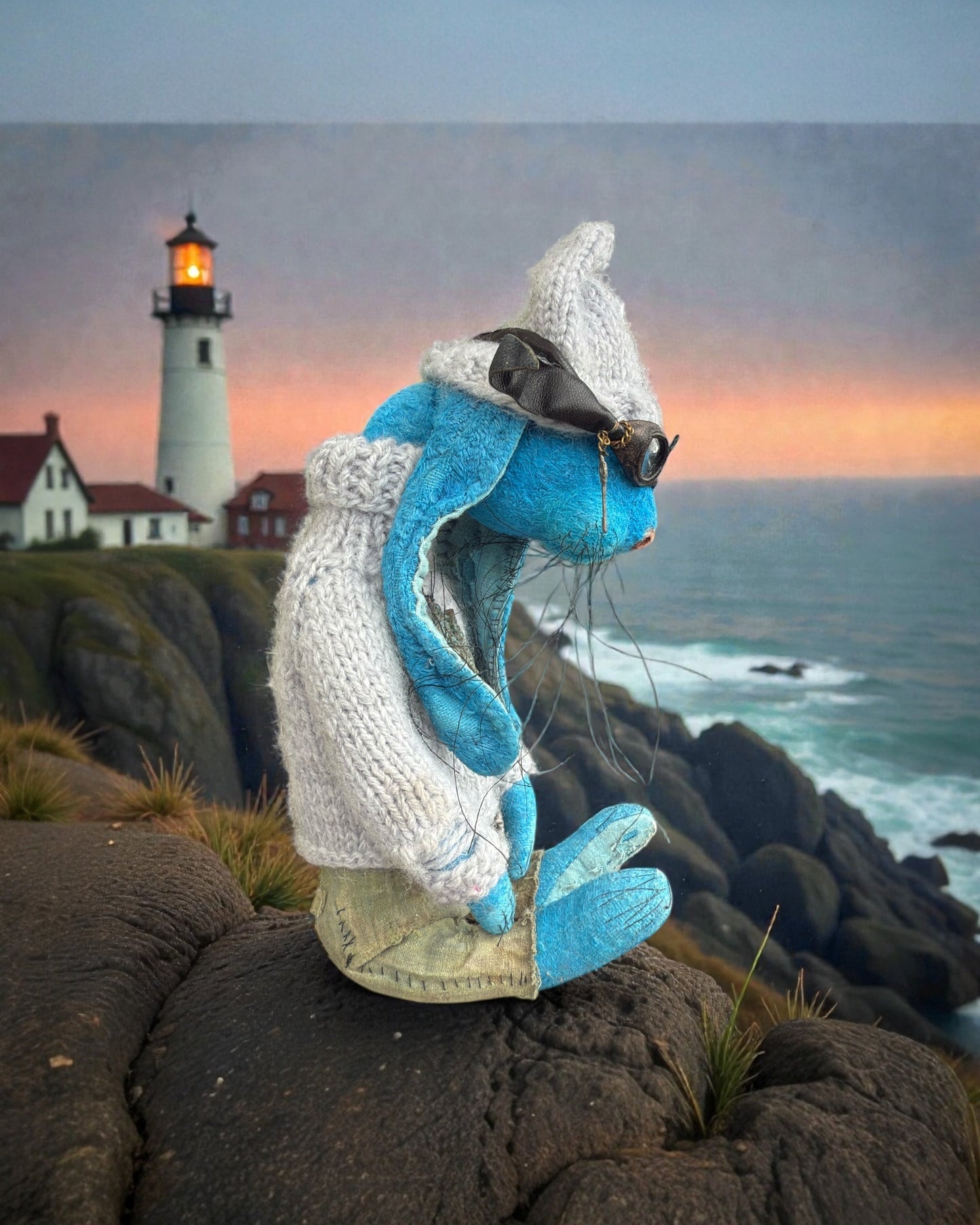 Blue plush bunny standing near a tall lighthouse on a rocky cliff above the ocean.