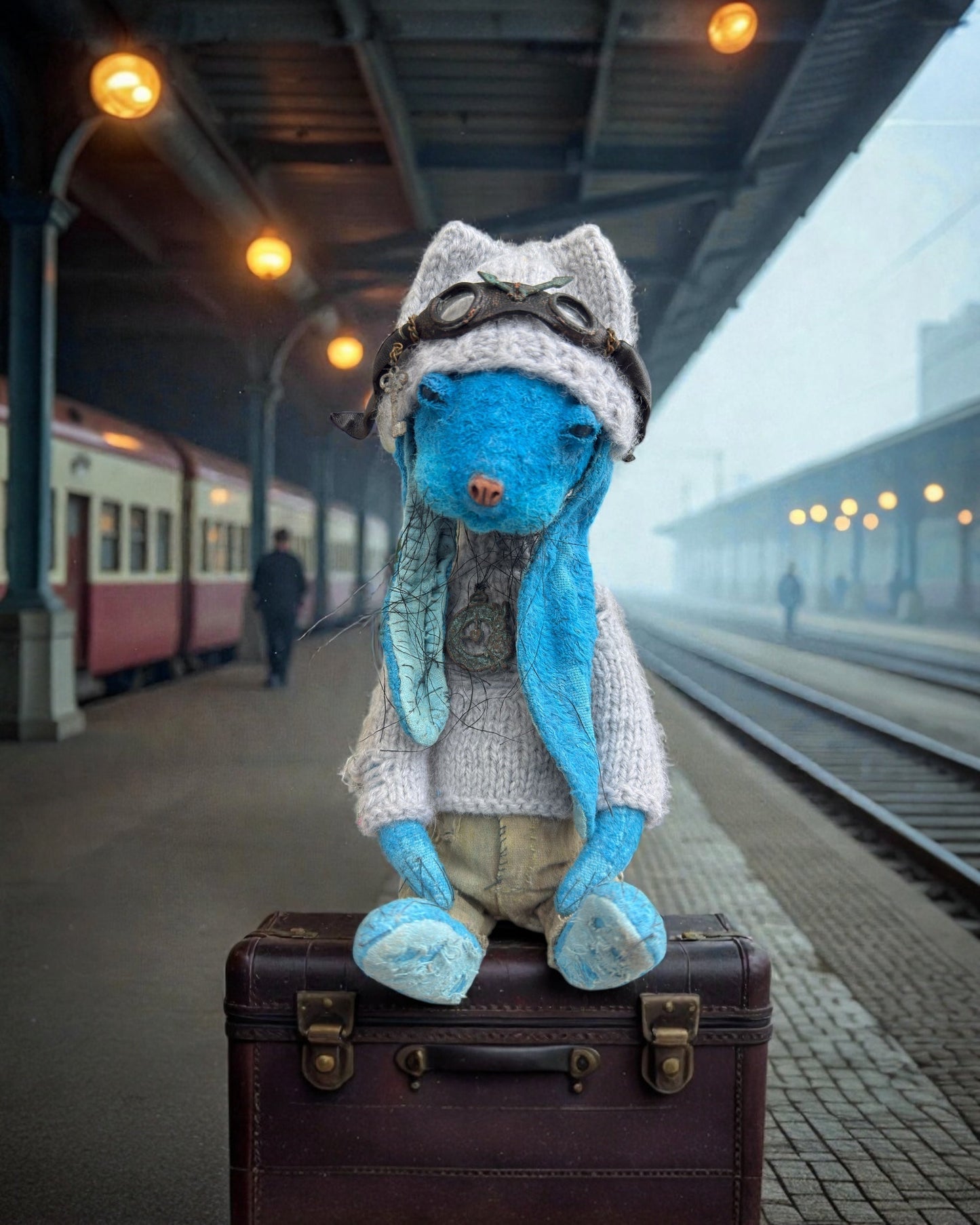 Blue plush bunny sitting on a vintage suitcase at a quiet foggy train station.