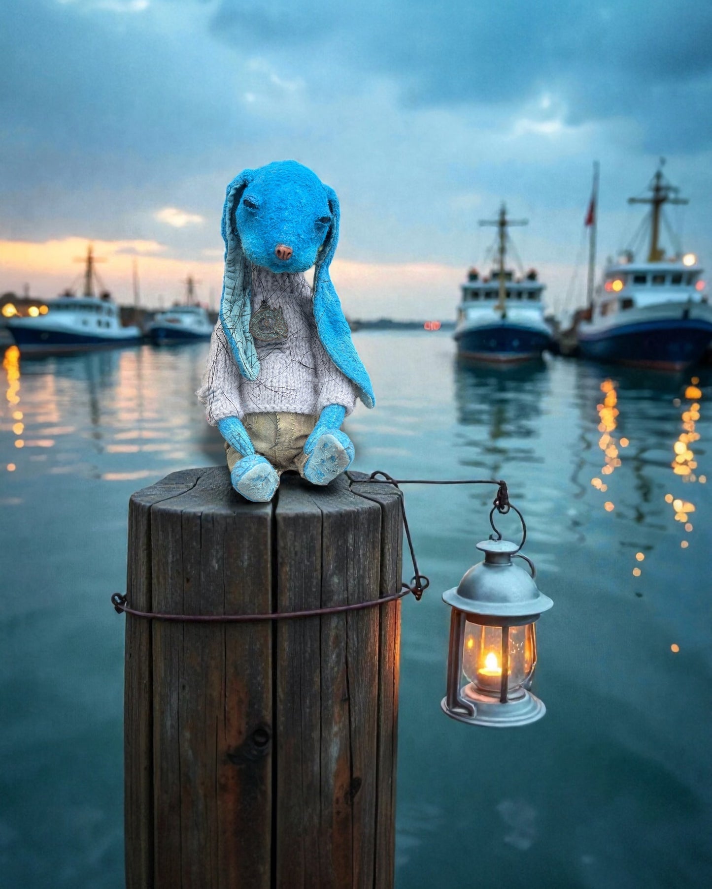 Blue plush bunny sitting near a dock lantern at dusk with warm reflections on the harbor water.