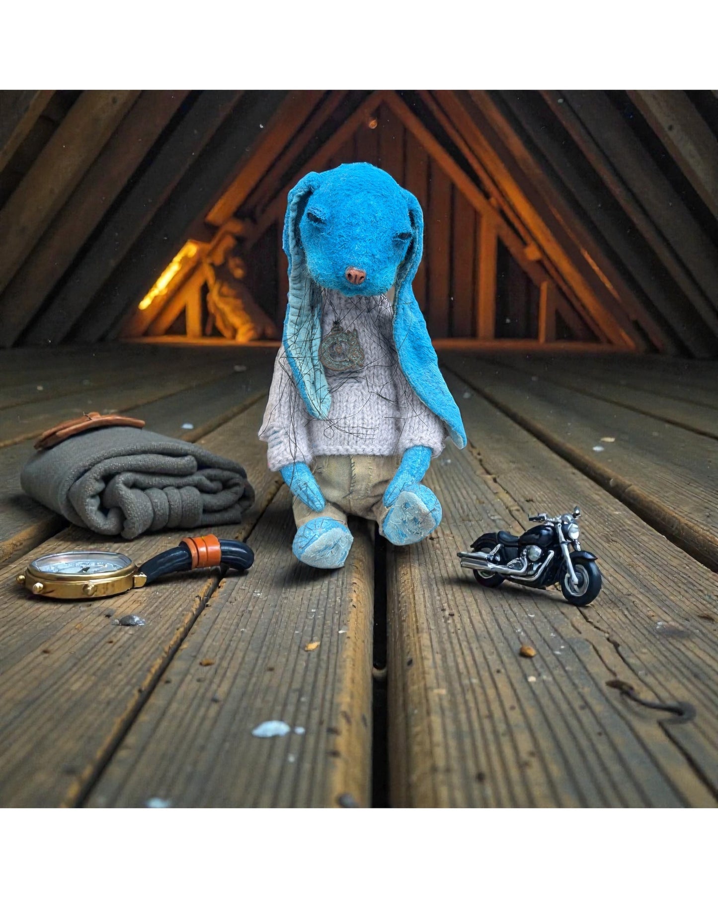 Blue plush bunny resting on a vintage wooden floor surrounded by a small blanket, key, and travel trinkets.