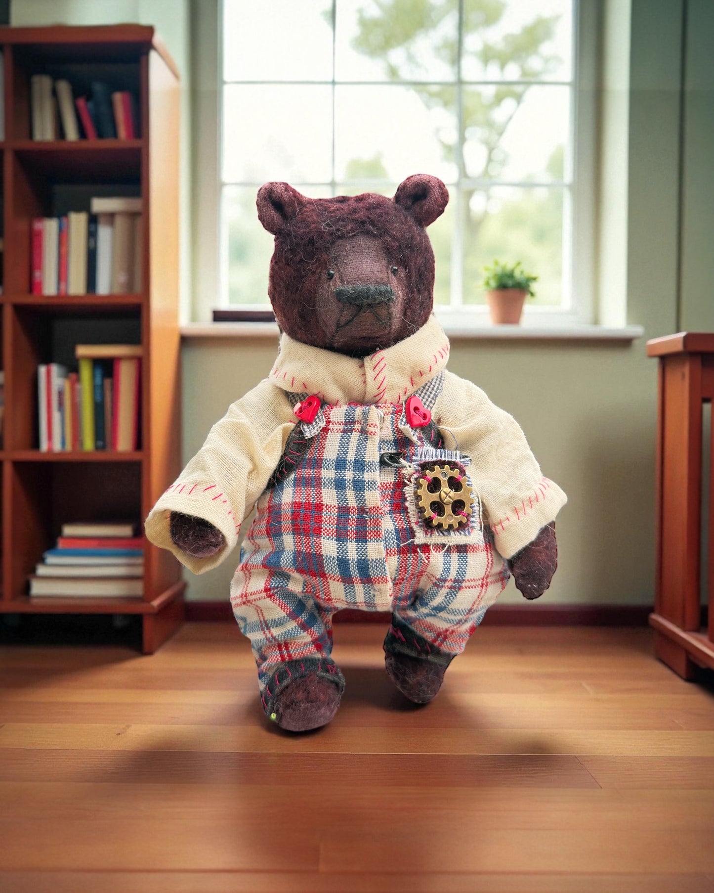 Teddy bear in a plaid outfit standing on a wooden floor with a bookshelf in the background.