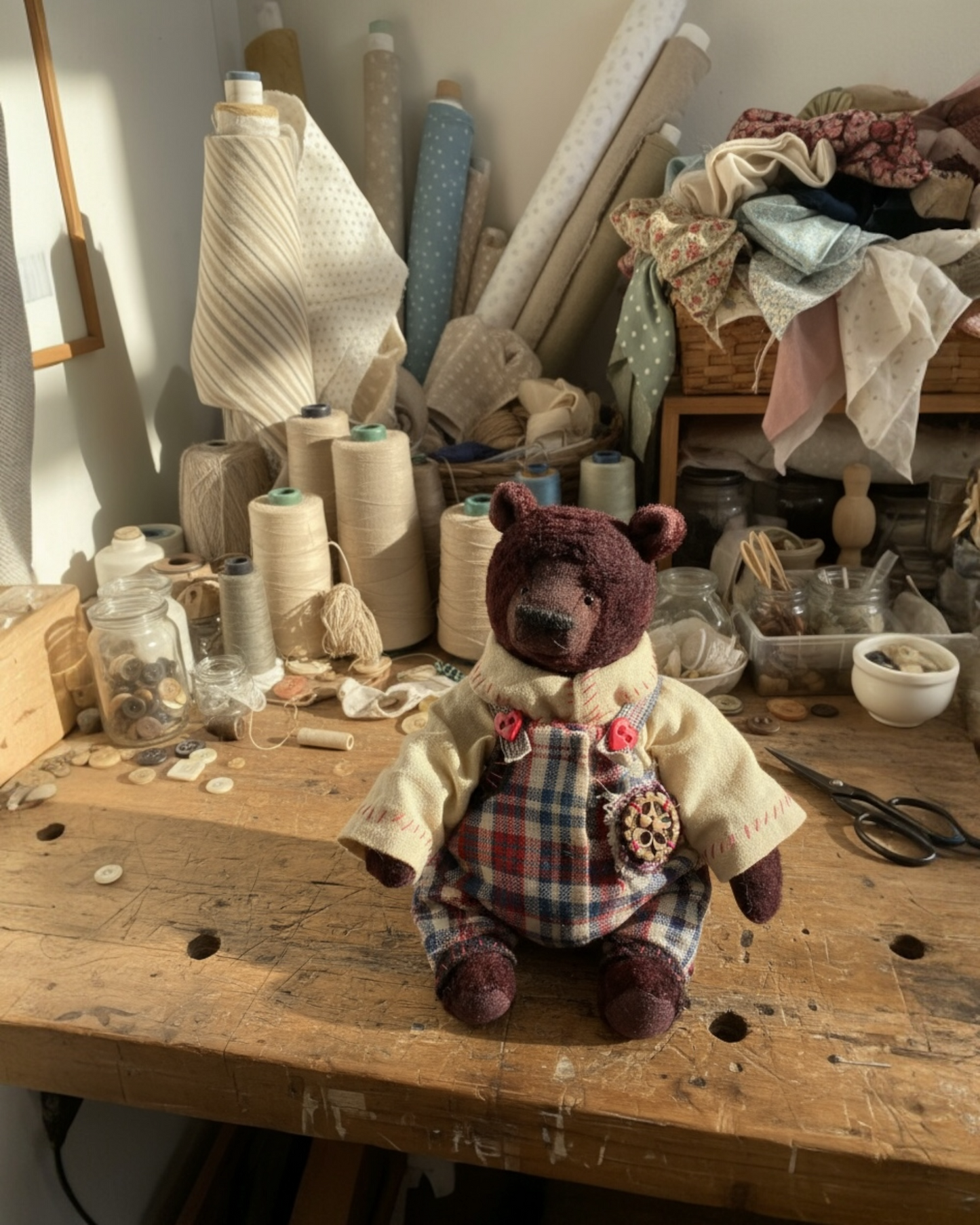 Stuffed teddy bear in a workshop setting with fabric and yarn rolls.