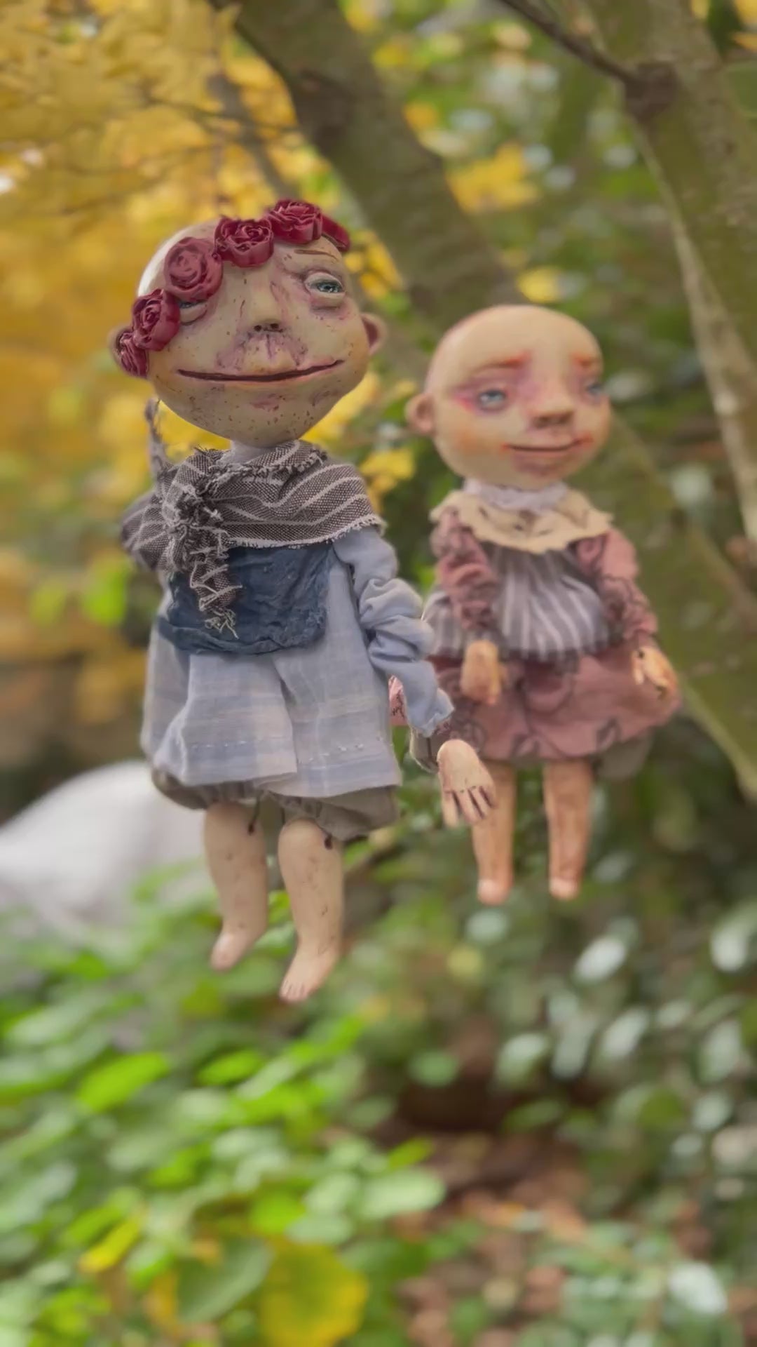 OOAK Creepy-Cute Art Doll Couple – Handmade Fantasy Clay-Face Collectible Dolls (Sold as a Pair)